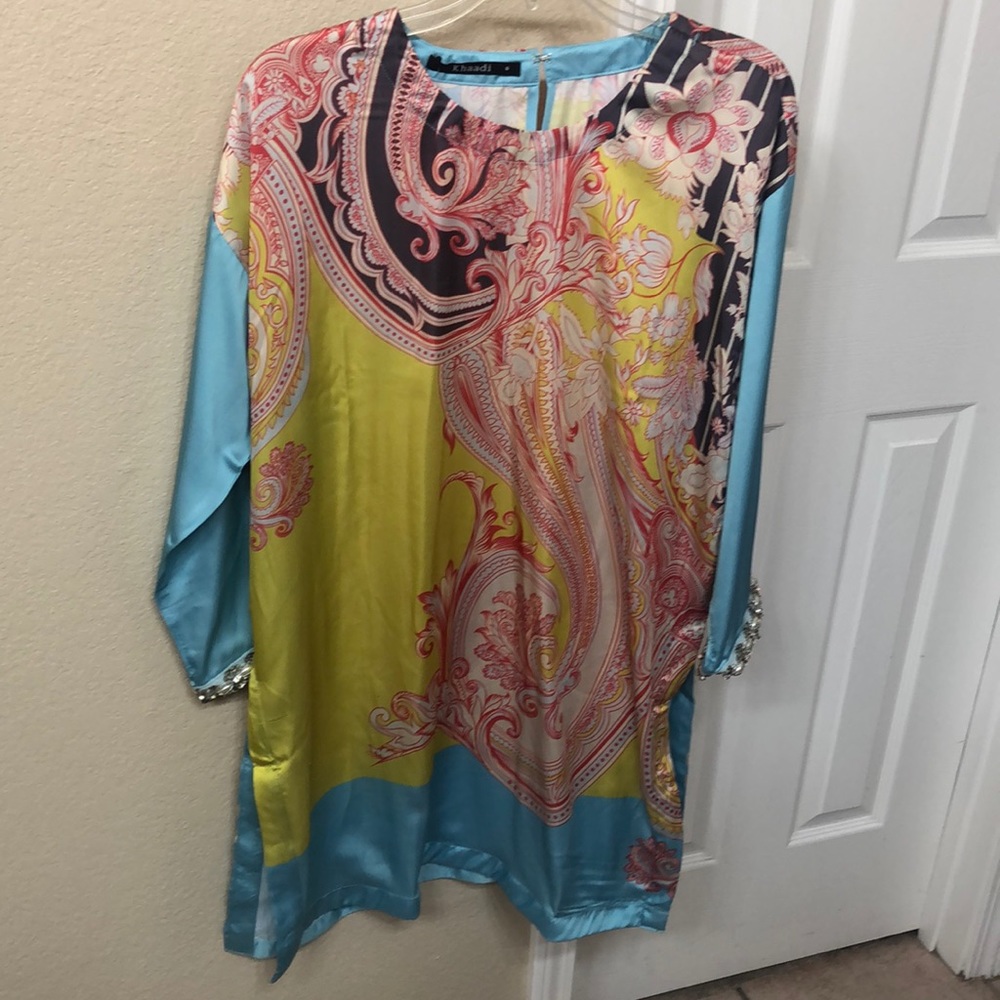 Blue and yellow silk top